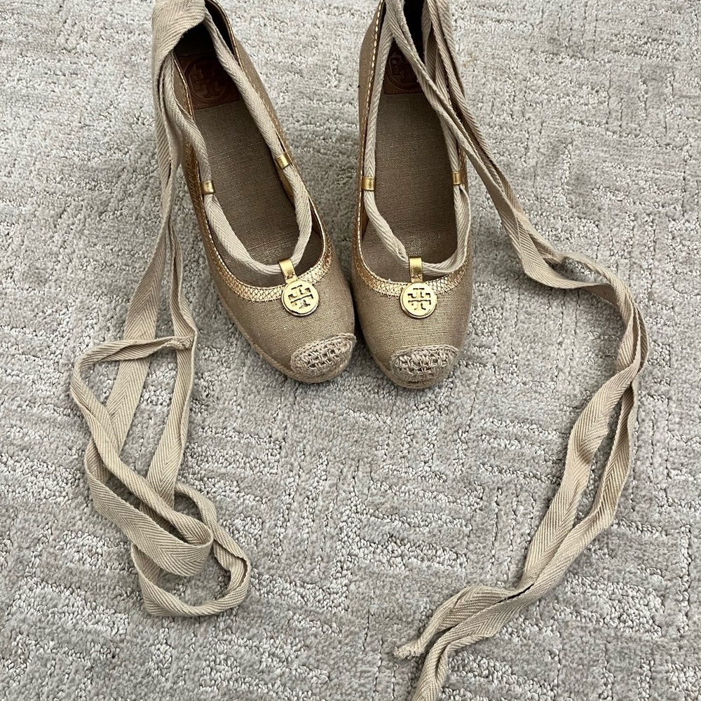 Tory Burch Tan Espadrille Wedges with Gold Accents